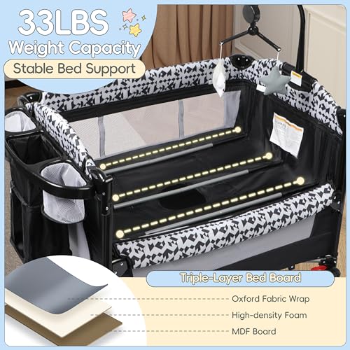 5-in-1 Pack and Play Baby Bassinet Bedside Sleeper with Diaper Changer Storage Bag Music Box Portable Baby Crib Carry Bag Foldable Playard Bassinet K851559
