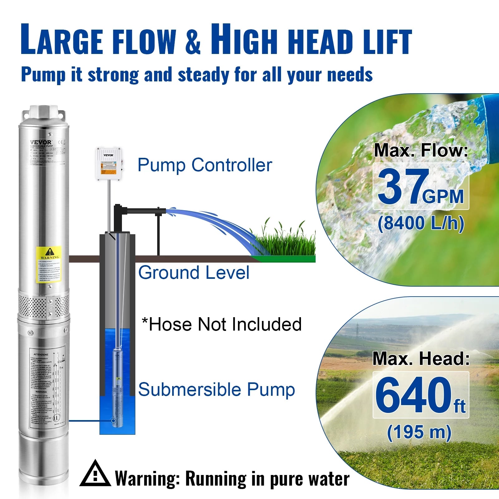 3HP 230V 37GPM 640 ft Head 4 inch Stainless Steel Submersible Pump Q4278