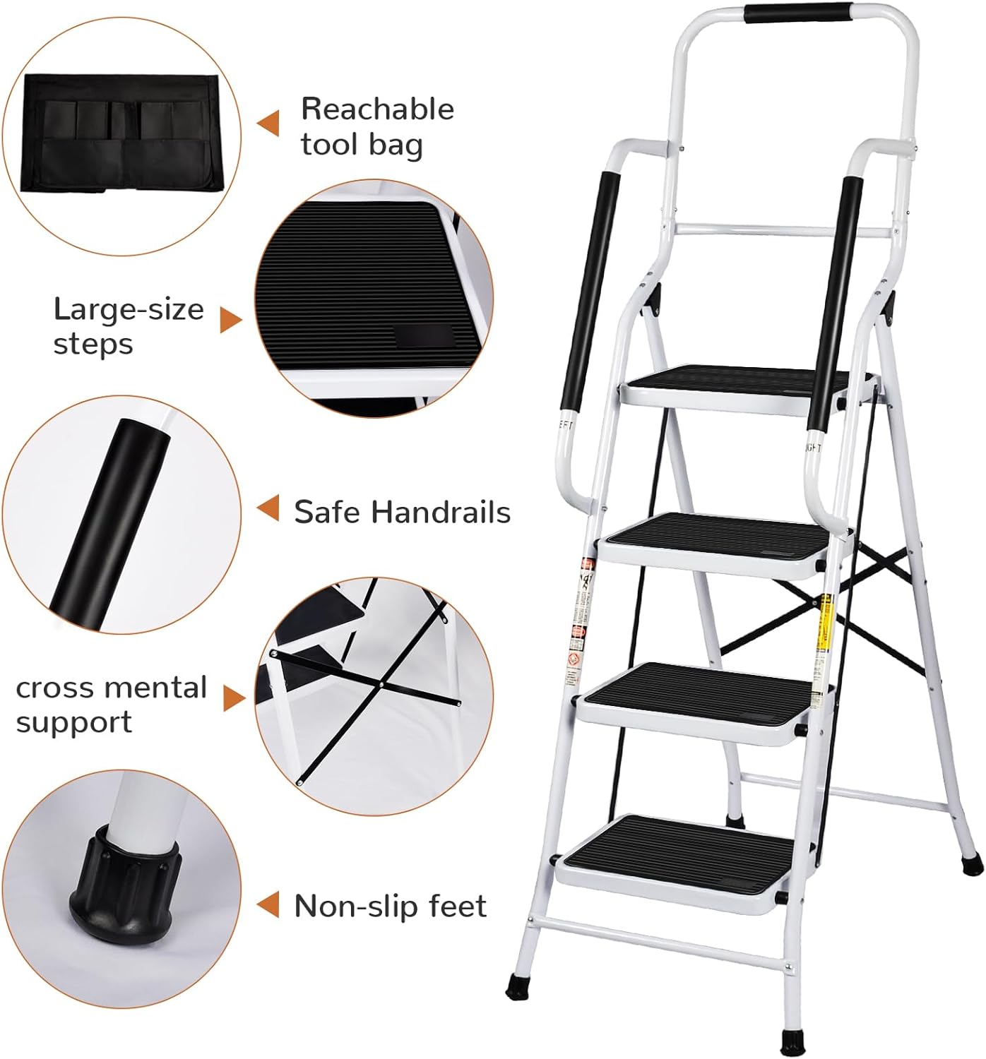 White Steel Step Ladder with Handrails and Tool Bag G82869