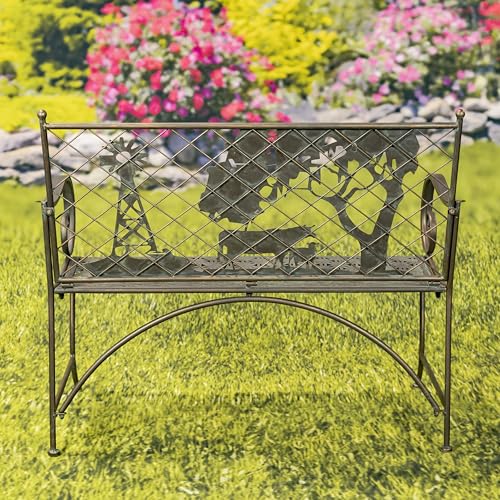Green Iron Garden Bench with Blooming Tree Backrest O687