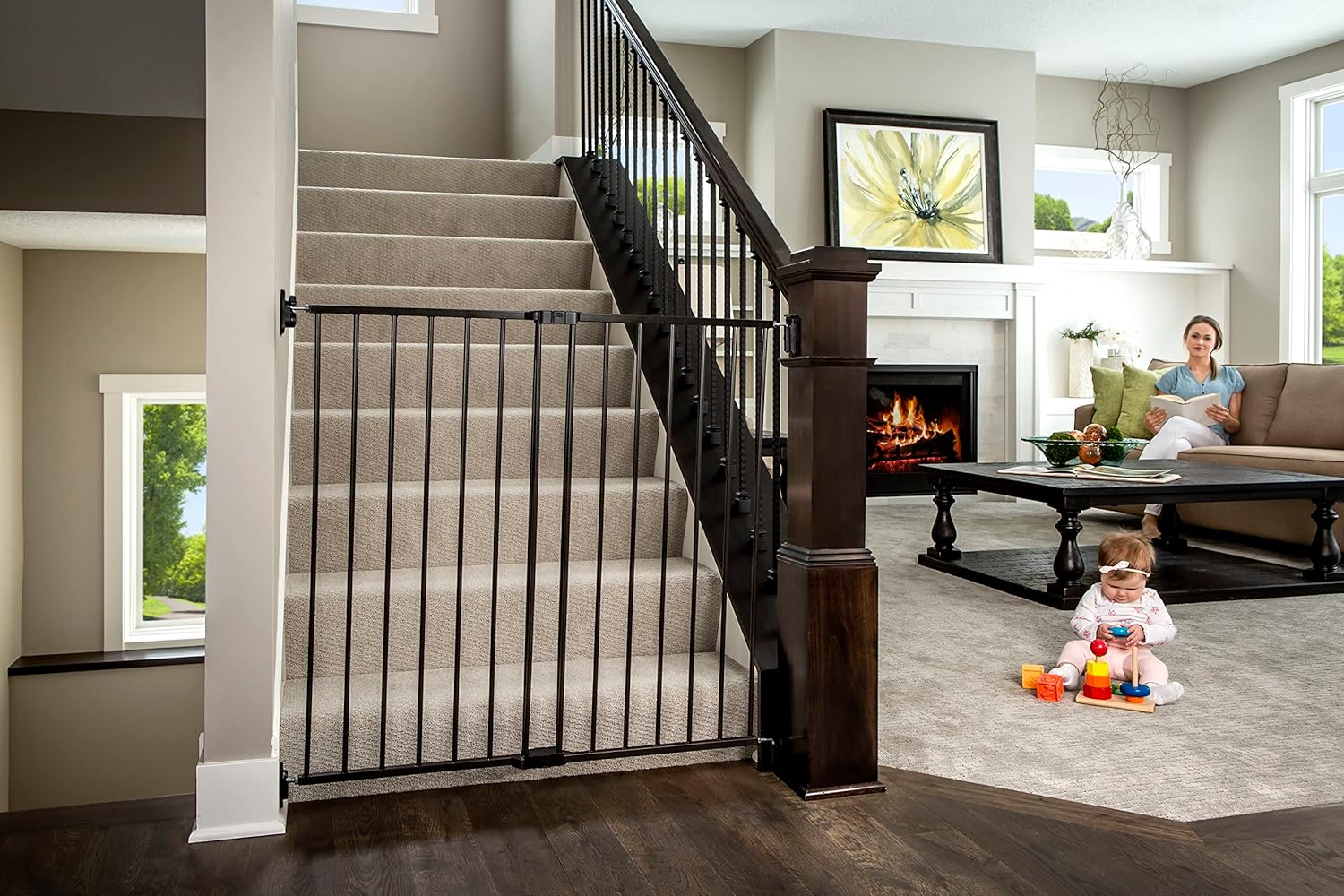 Black 36" H Baby Gate and 76" Wide 3-Panel Configurable Baby Gate K6143