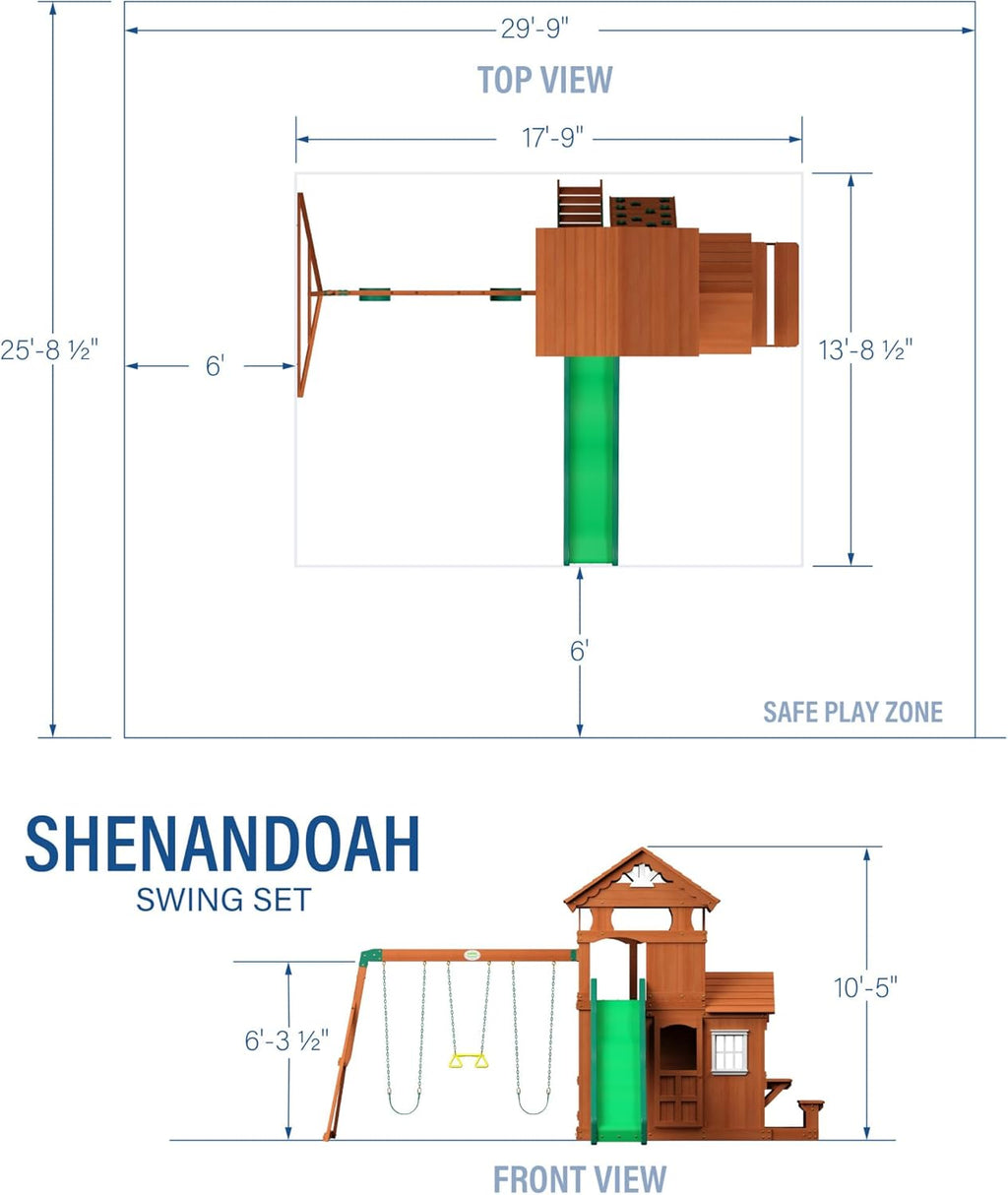 All Cedar Wooden Swing Set with 2 Belt Swings, Trapeze Bar, 10 ft Wave Slide, Playhouse, Play Kitchen, Rock Wall, Bench K605