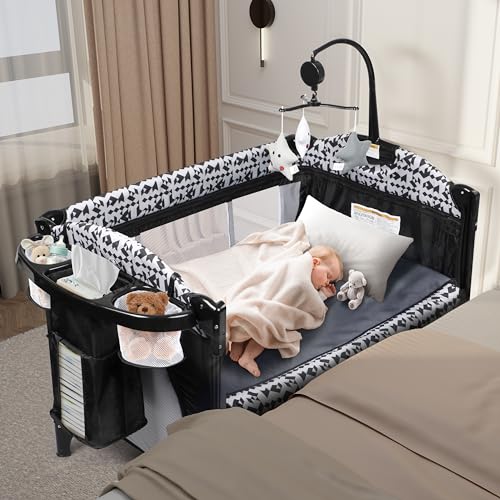 5-in-1 Pack and Play Baby Bassinet Bedside Sleeper with Diaper Changer Storage Bag Music Box Portable Baby Crib Carry Bag Foldable Playard Bassinet K851559