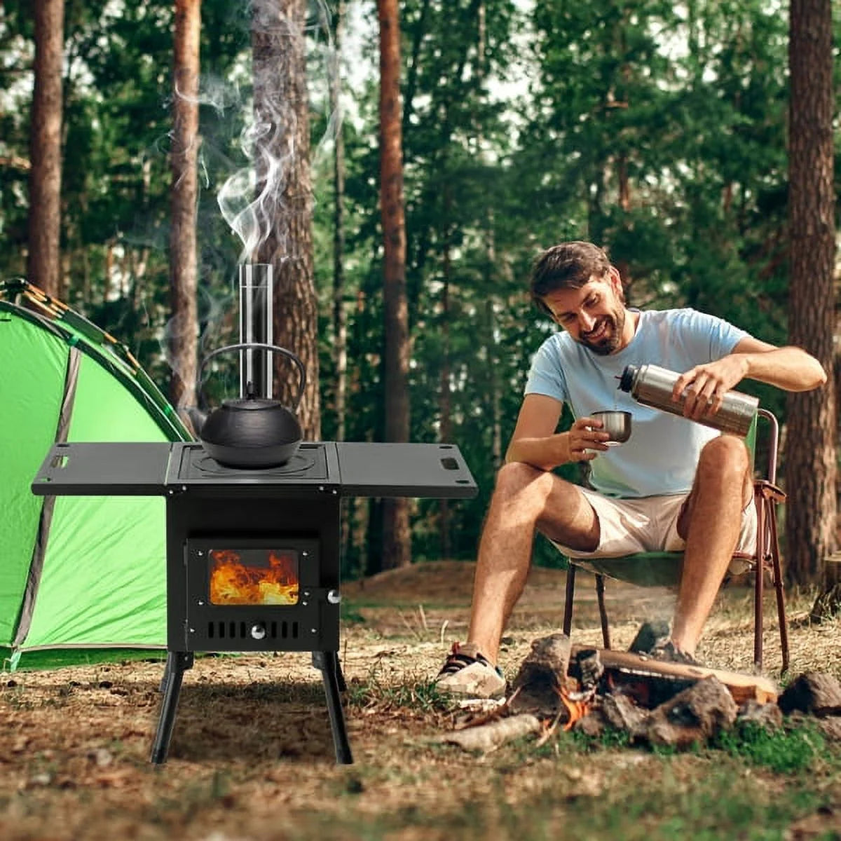 Black Outdoor Wood Burning Stove with Chimney Pipes Z8594
