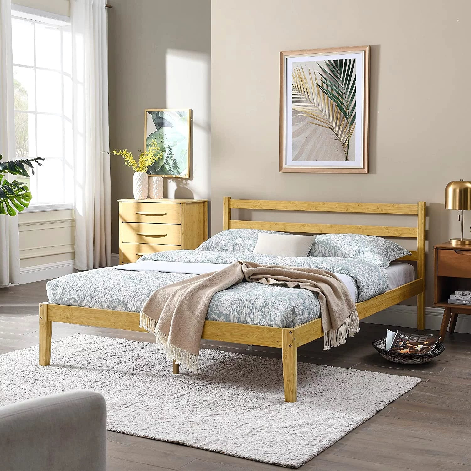 Natural Bamboo Queen Platform Bed Frame With Headboard P621