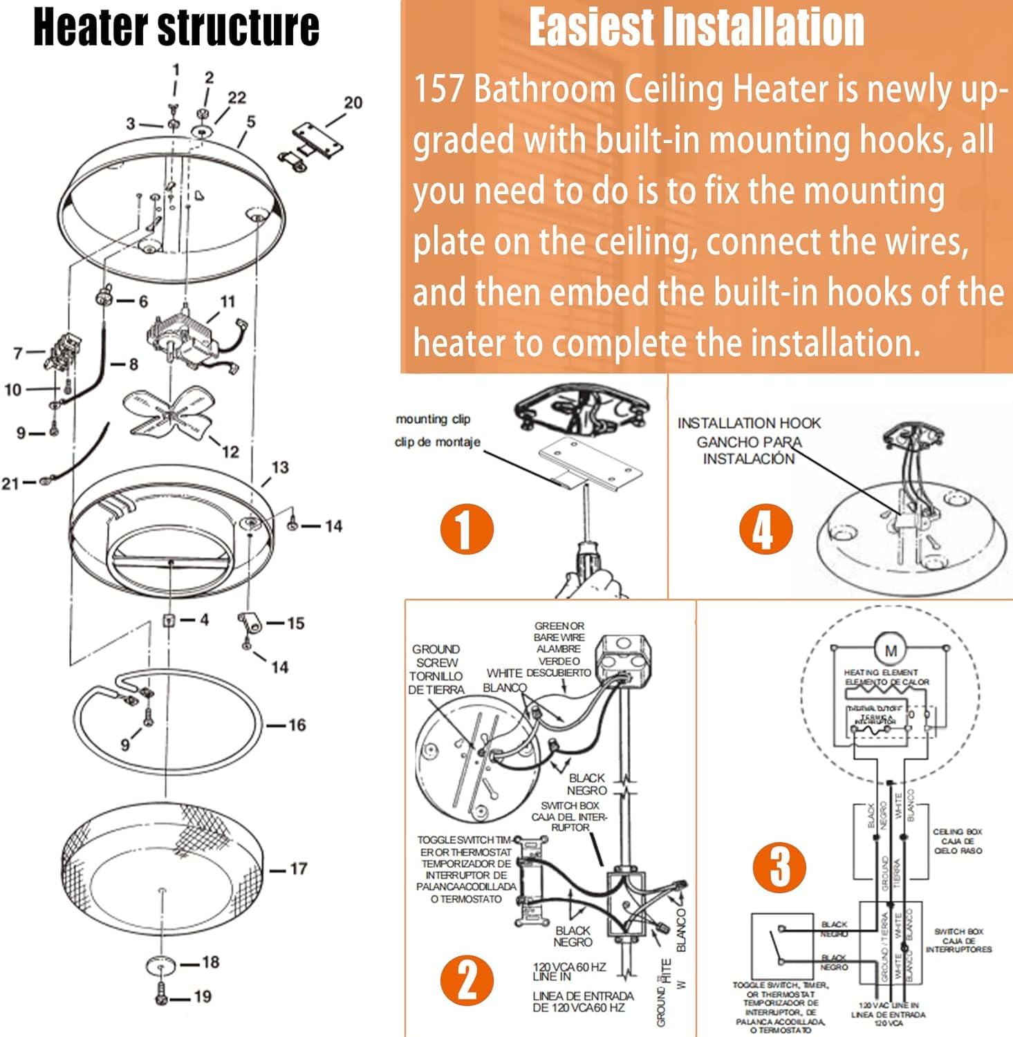 Bathroom Ceiling Heater, 1250W Instant Heat X437