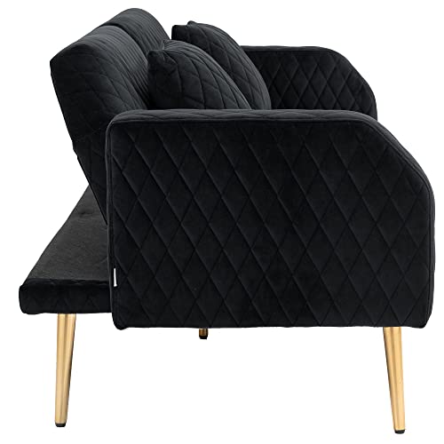 Black Velvet Convertible Sleeper Futon Sofa Bed with Metal Legs U66276