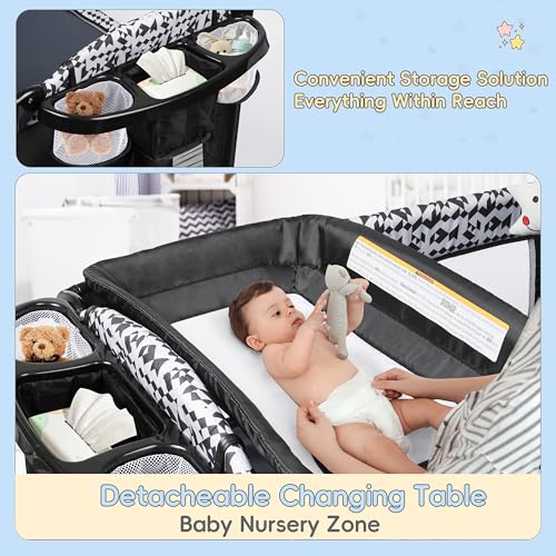 5-in-1 Pack and Play Baby Bassinet Bedside Sleeper with Diaper Changer Storage Bag Music Box Portable Baby Crib Carry Bag Foldable Playard Bassinet K851559
