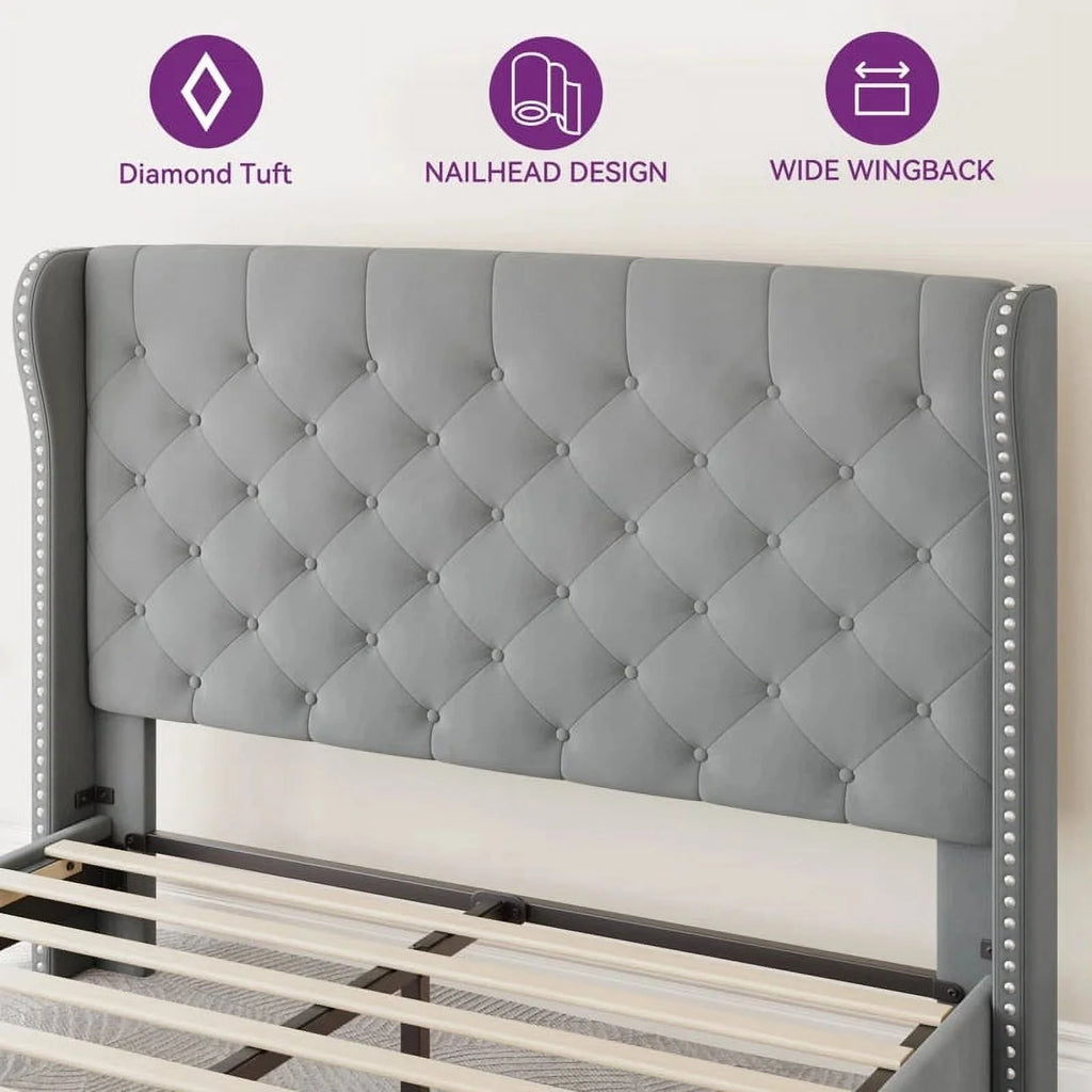 Grey Velvet Queen Size Upholstered Bed Frame J511