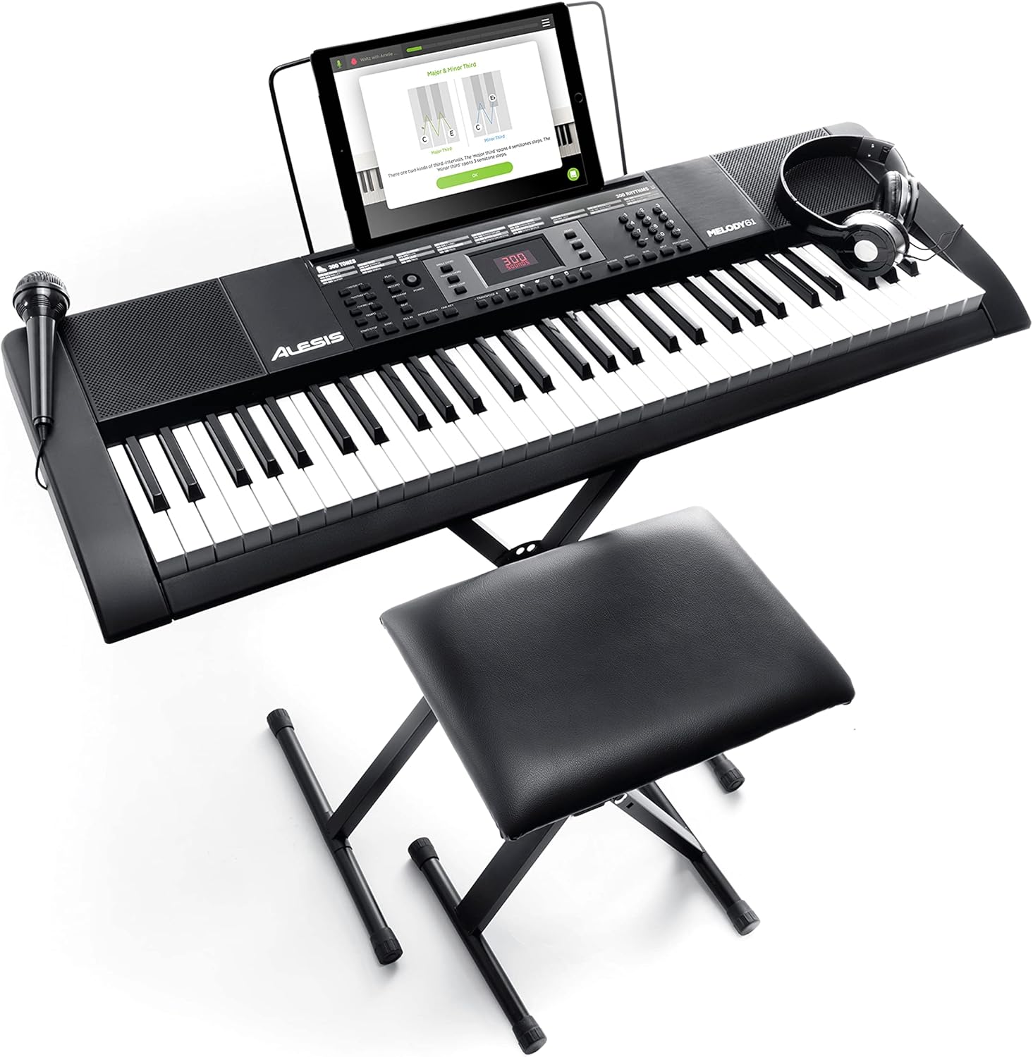 61 Key Keyboard Piano with 300 Sounds, Speakers, Digital Piano Stand, Bench, Headphones, Microphone C4579