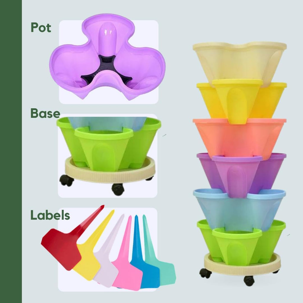 Vertical Garden Stackable Planter 3 Pots with Wheels and Plant Labels L480