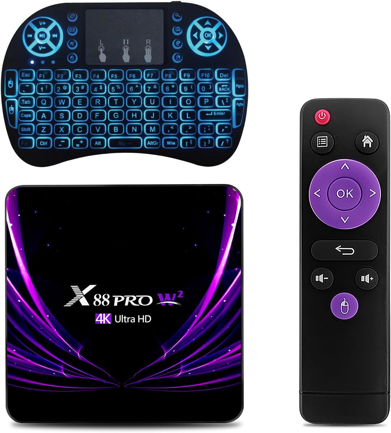 Android TV Box 11.0 Quad Core 4GB RAM 32GB ROM Dual-WiFi 2.4G 5G HDR10 BT5.0 USB 2.0 3D Ethernet with Mini Backlit Keyboard O643
