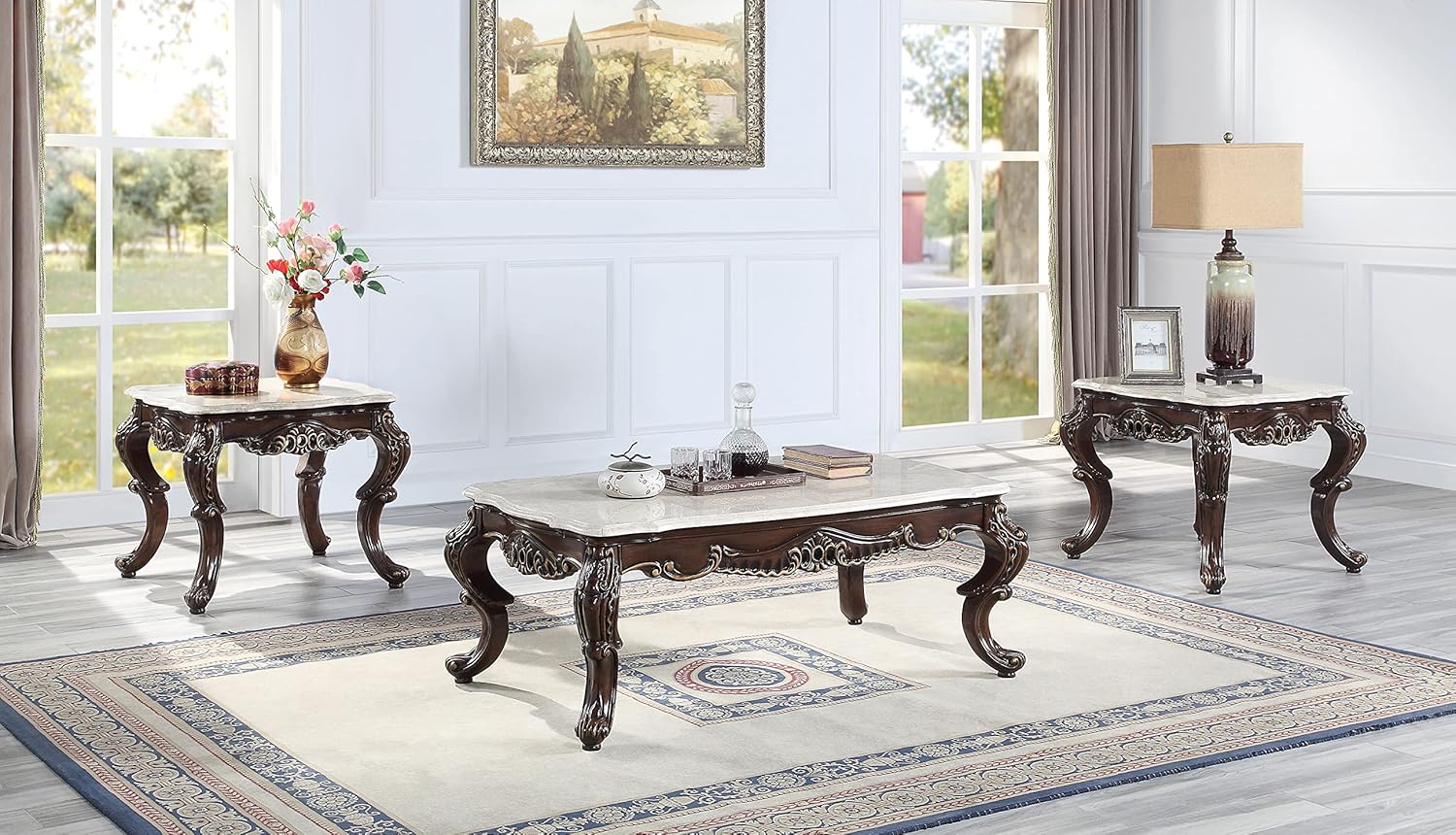 Wooden Coffee Table in Marble and Antique Oak H80314