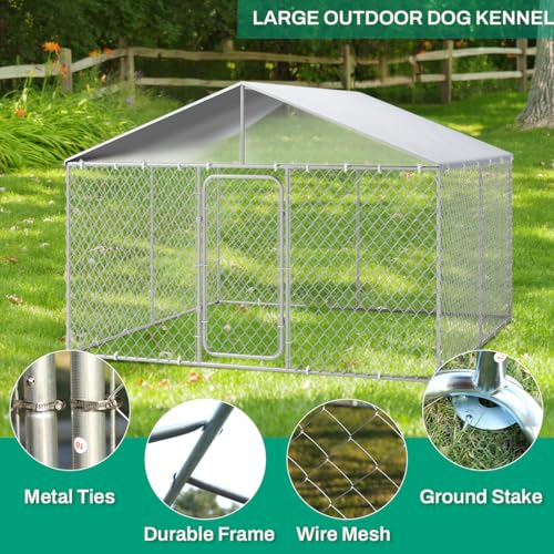 8 x 8 FT Galvanized Chain Link Outdoor Dog Kennel with Roof M3619