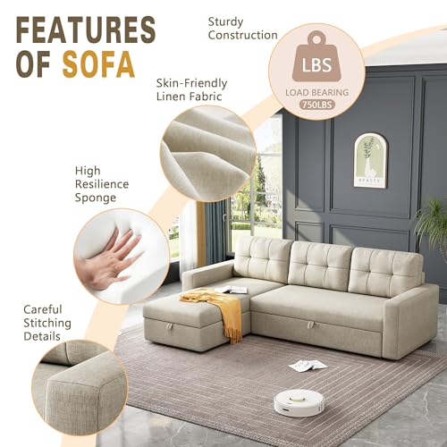 Beige L-Shape Sleeper Sectional Sofa with Pull-Out Bed D625469