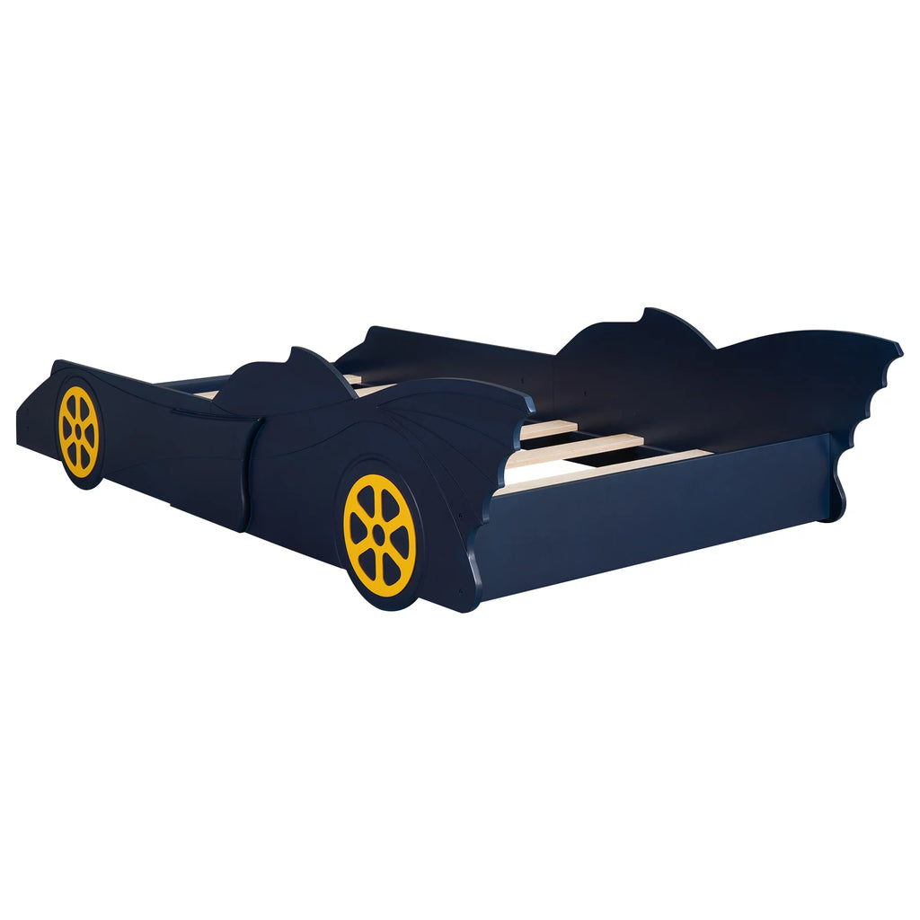 Blue/Yellow Twin Size Race Car Shaped Wood Platform Bed Frame N3454