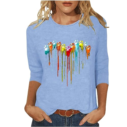 Women Love Heart Printed 3/4 Sleeve Round Neck Tee S970