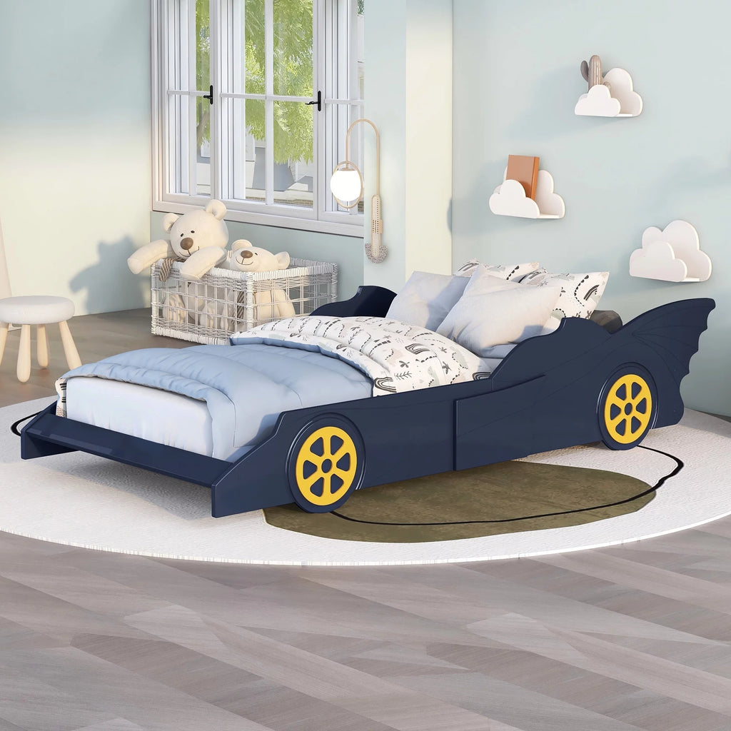 Blue/Yellow Twin Size Race Car Shaped Wood Platform Bed Frame N3454