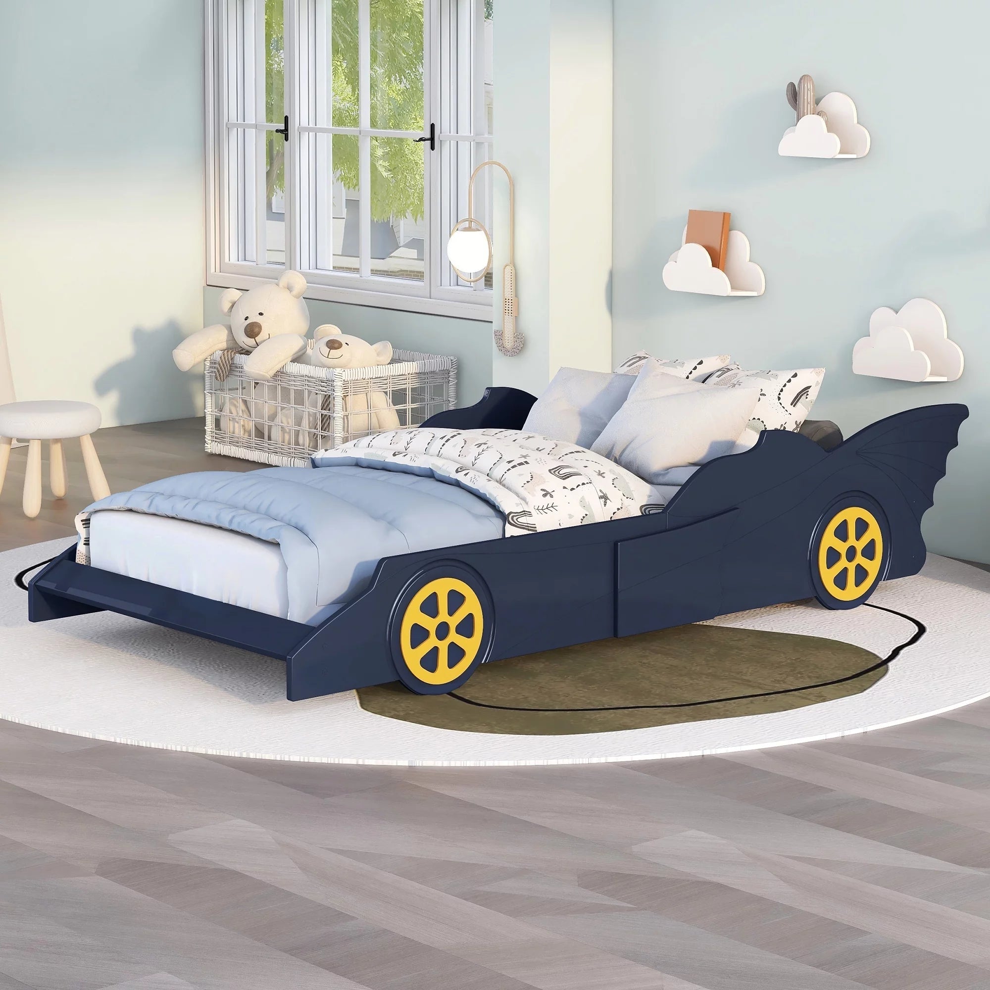 Blue/Yellow Twin Size Race Car Shaped Wood Platform Bed Frame N3454