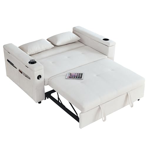 White 54" Chenille 2-Seater Convertible Sofa Bed with USB Power Outlet E2438