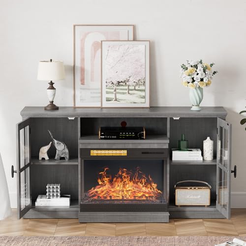 Gray Glass Fireplace TV Stand with Doors J70494
