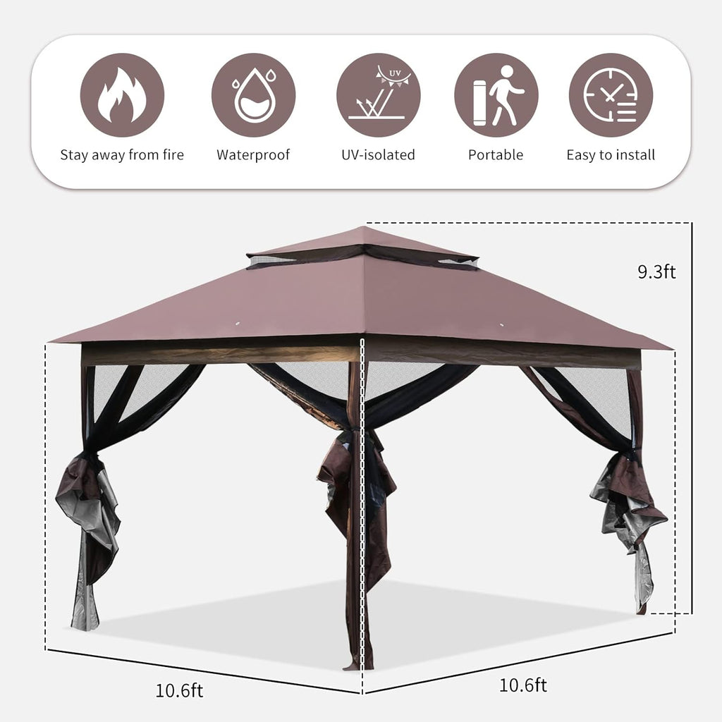 10'x10' Brown Pop Up Gazebo with Mosquito Netting Double Roof O311