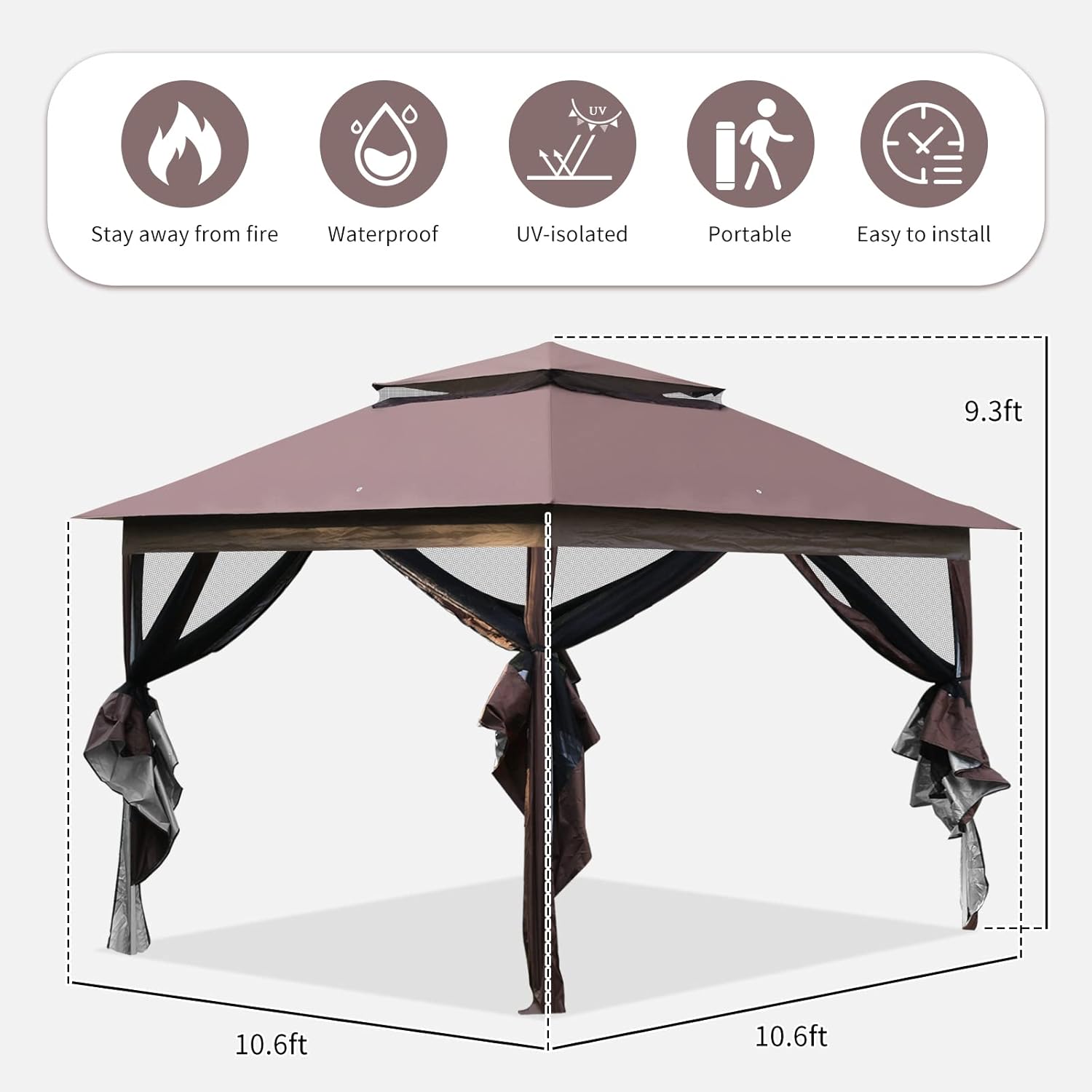 10'x10' Brown Pop Up Gazebo with Mosquito Netting Double Roof O311