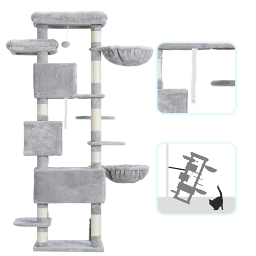 Light Gray 74 inches Multi-Level XL Cat Tree with Three Cat Condos and Two Top Decks B58336