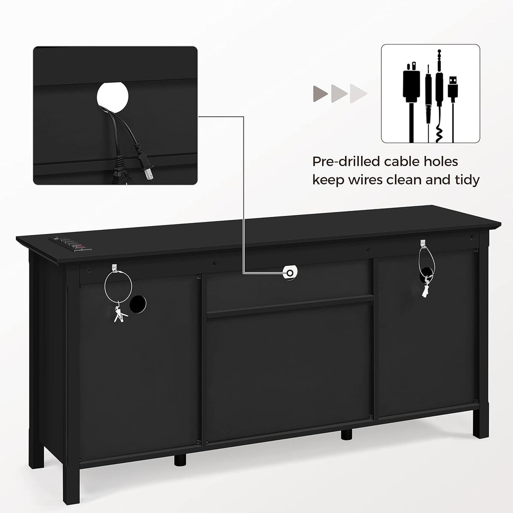 Black Media Entertainment Center with Power Outlet & Storage Cabinets P9837