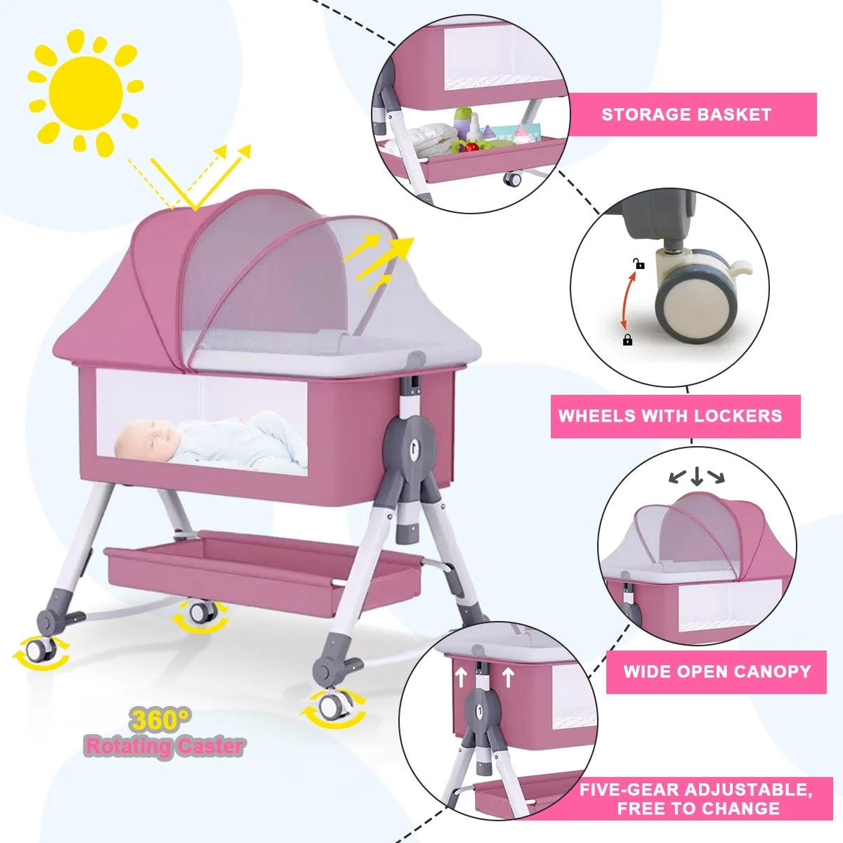 Pink 4 in 1 Infant Bedside Crib with Storage Basket I436