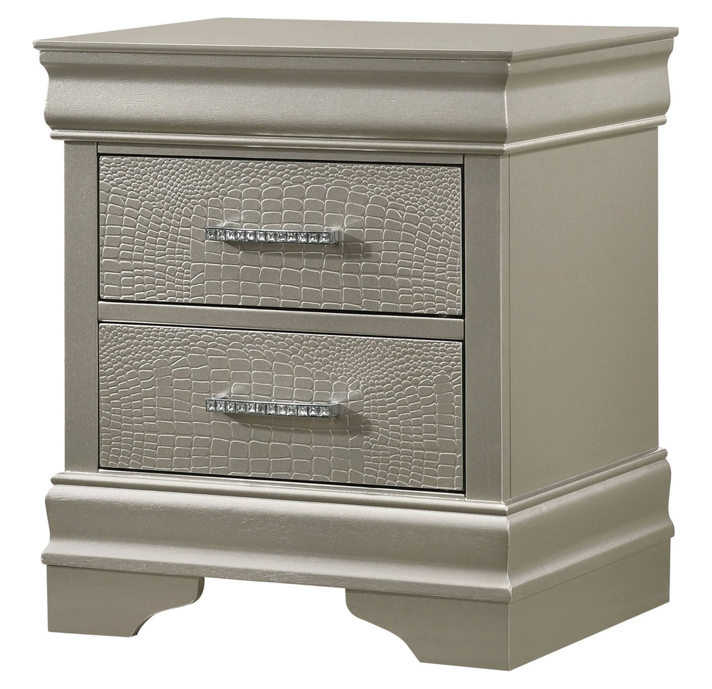 Silver Finish King Size Panel Upholstered Bed Dresser Mirror Nightstand Chest Set O4599