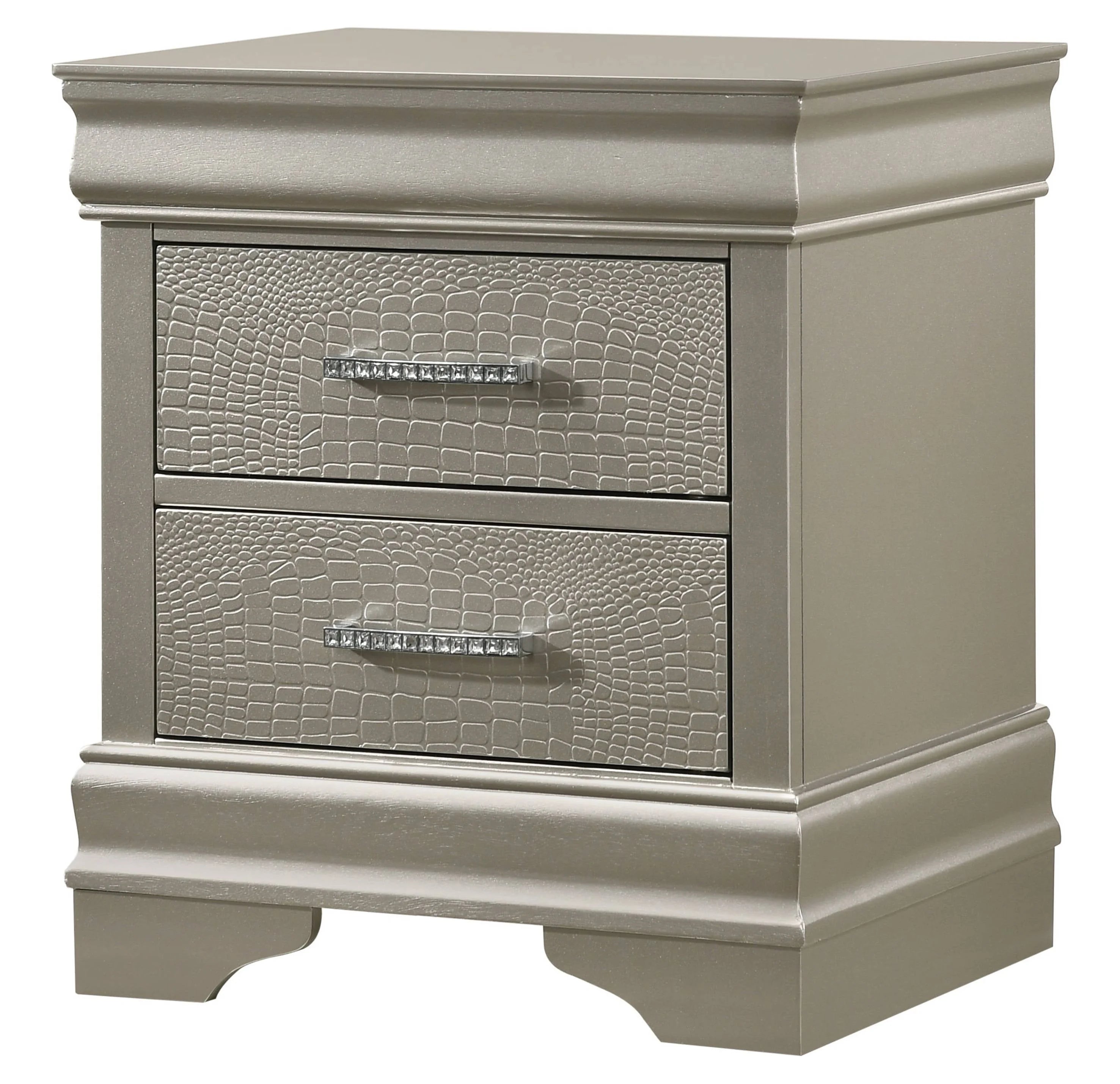 Silver Finish King Size Panel Upholstered Bed Dresser Mirror Nightstand Chest Set O4599