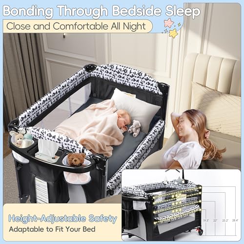 5-in-1 Pack and Play Baby Bassinet Bedside Sleeper with Diaper Changer Storage Bag Music Box Portable Baby Crib Carry Bag Foldable Playard Bassinet K851559