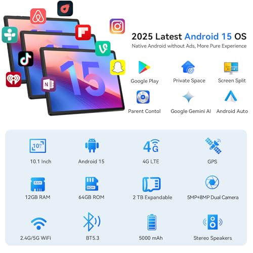 Android 15 Tablet with SIM Card Slot, 4G Cellular, Octa-Core, 12GB+64GB, 2TB Expandable, Dual Cameras, WiFi, BT5.0, GPS, Protective Case X744626