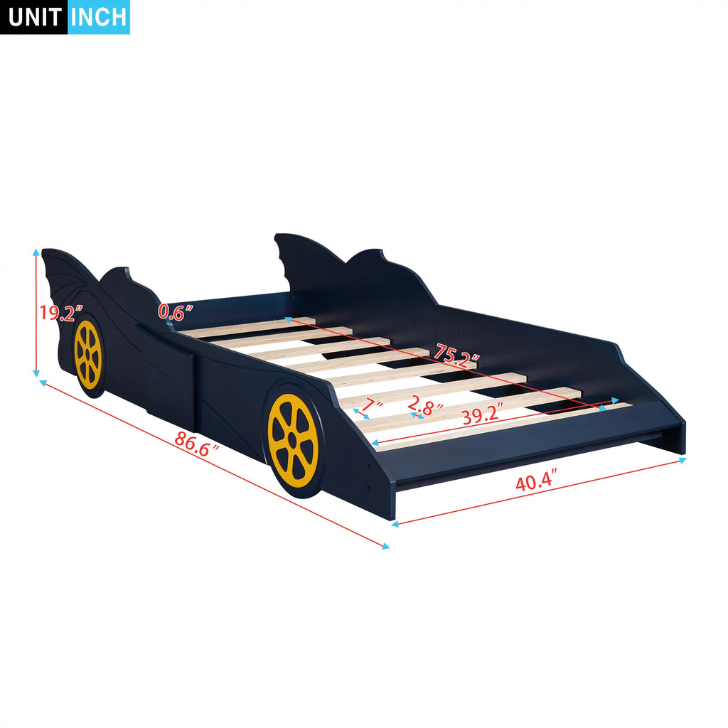 Blue/Yellow Twin Size Race Car Shaped Wood Platform Bed Frame N3454