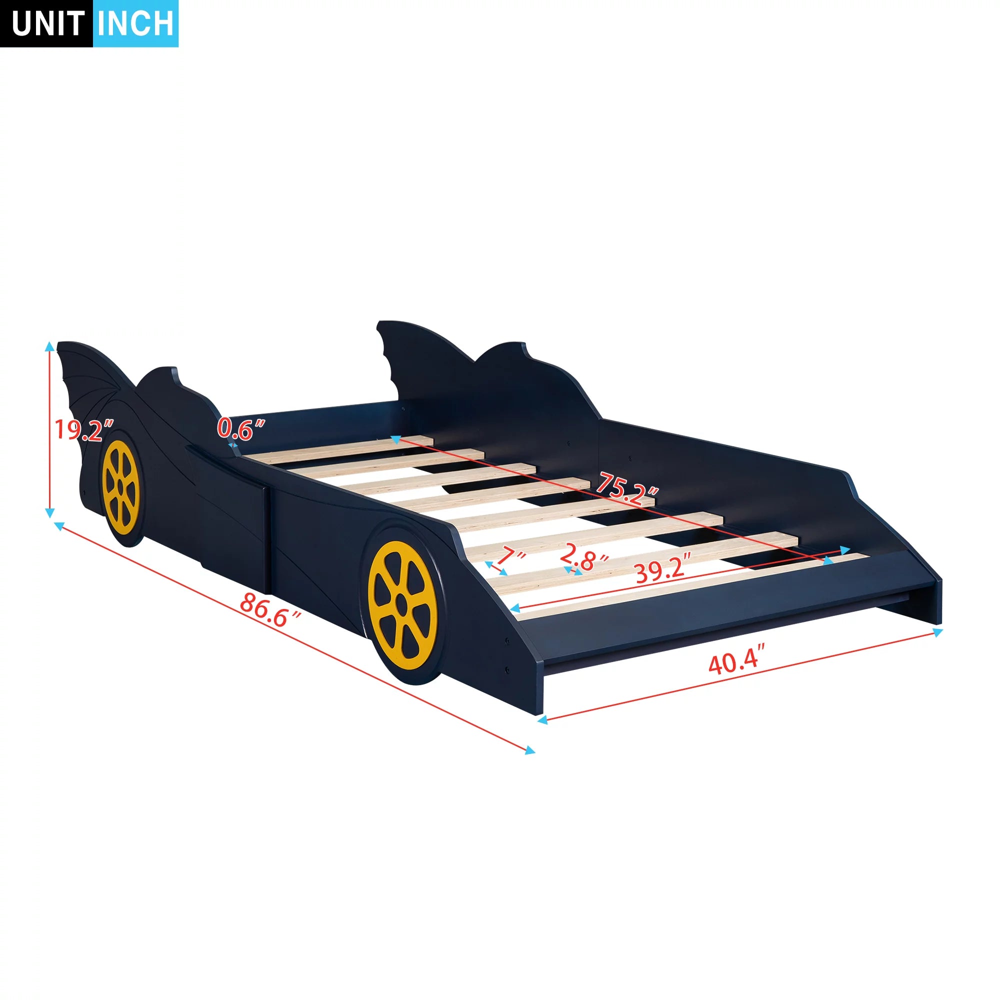 Blue/Yellow Twin Size Race Car Shaped Wood Platform Bed Frame N3454