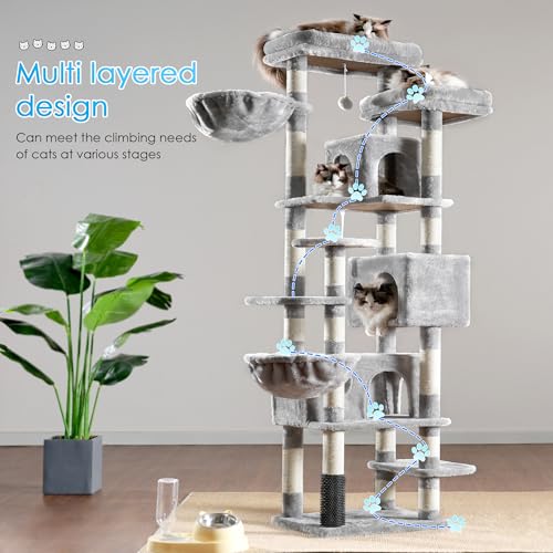 Light Gray 74 inches Multi-Level XL Cat Tree with Three Cat Condos and Two Top Decks B58336