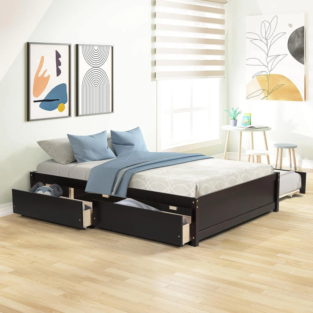 Full Size Wood Platform Bed with Trundle and Drawers C82380