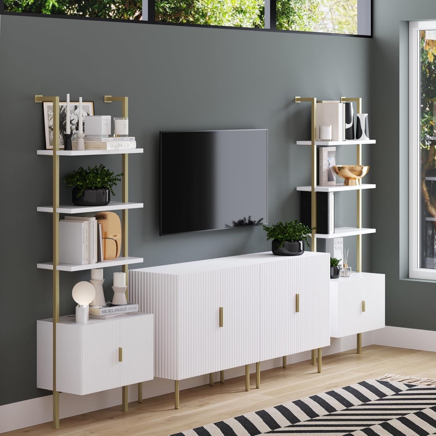 White Open Shelves Bookcase with Cabinet, Set of 2 L166407