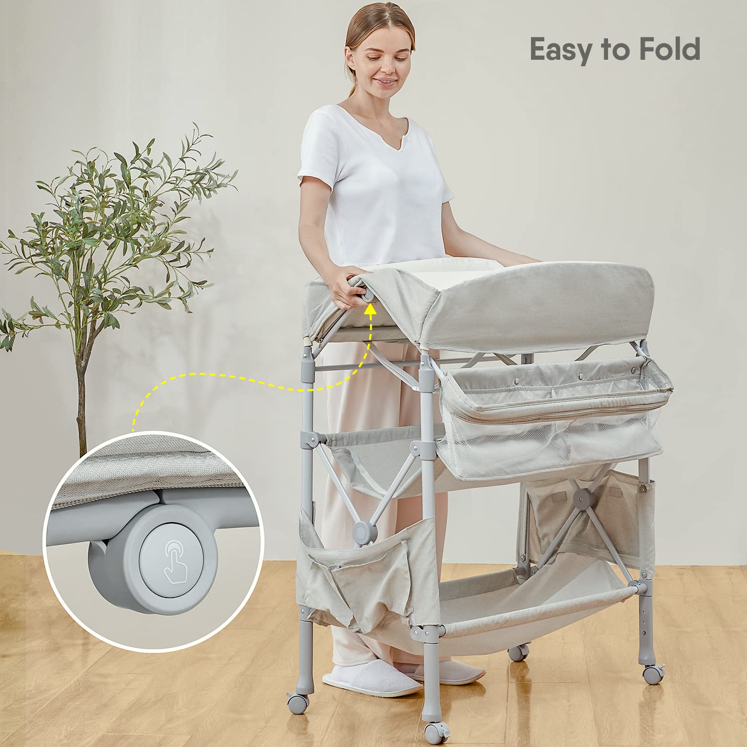 Beige Foldable Baby Changing Table with 2 Storage Baskets D62856