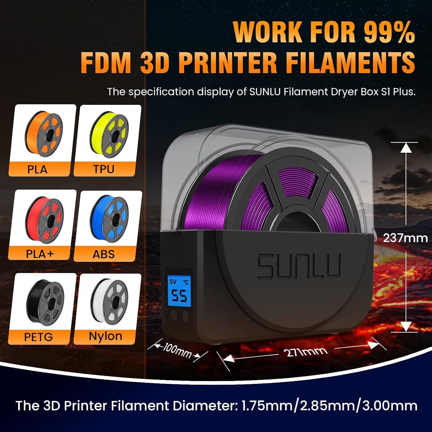 Black Filament Dryer Box Compatible with PLA PETG ABS P431