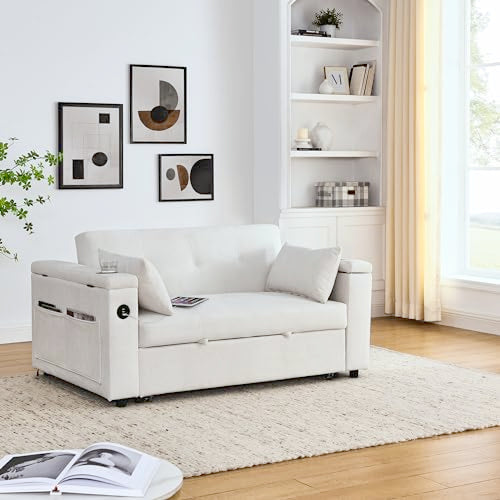White 54" Chenille 2-Seater Convertible Sofa Bed with USB Power Outlet E2438