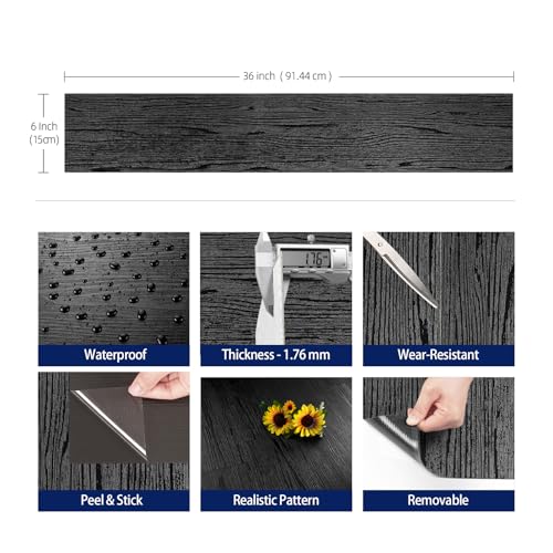 17-Pack 6"x36" Black Wood Luxury Vinyl Plank Flooring Peel and Stick Tiles Q126697
