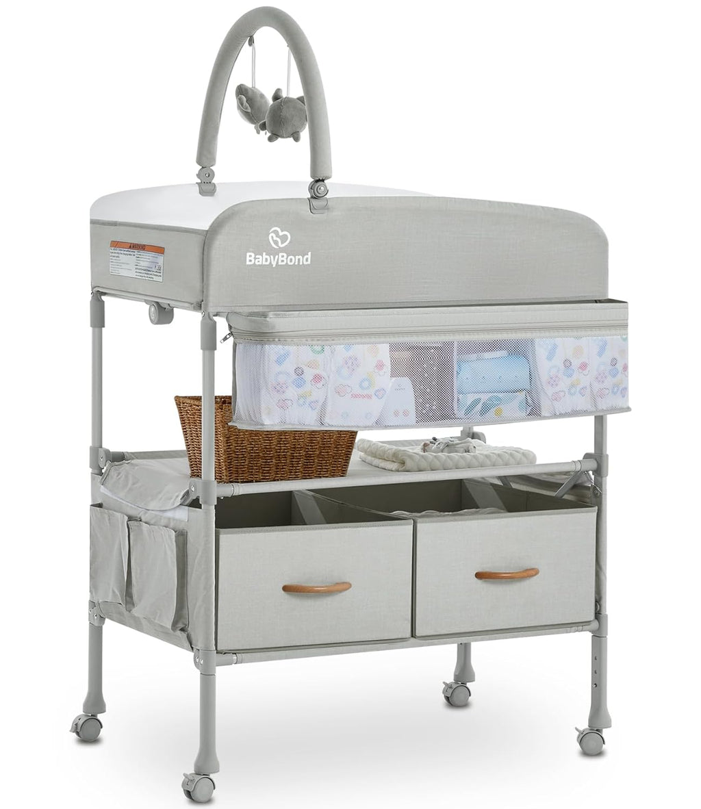 Beige Foldable Baby Changing Table with 2 Storage Baskets D62856