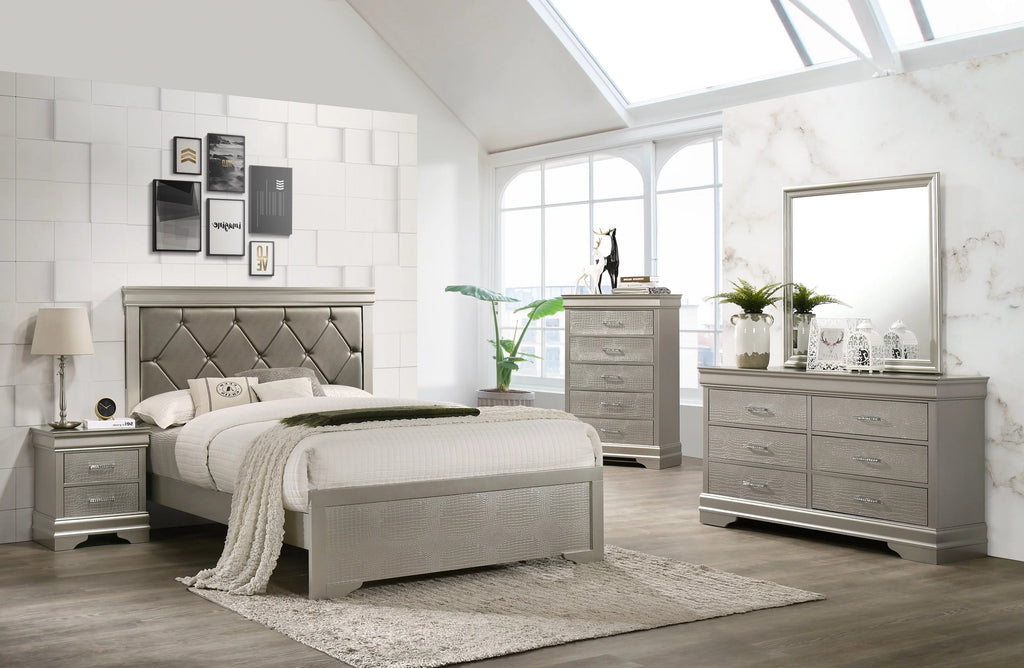 Silver Finish King Size Panel Upholstered Bed Dresser Mirror Nightstand Chest Set O4599