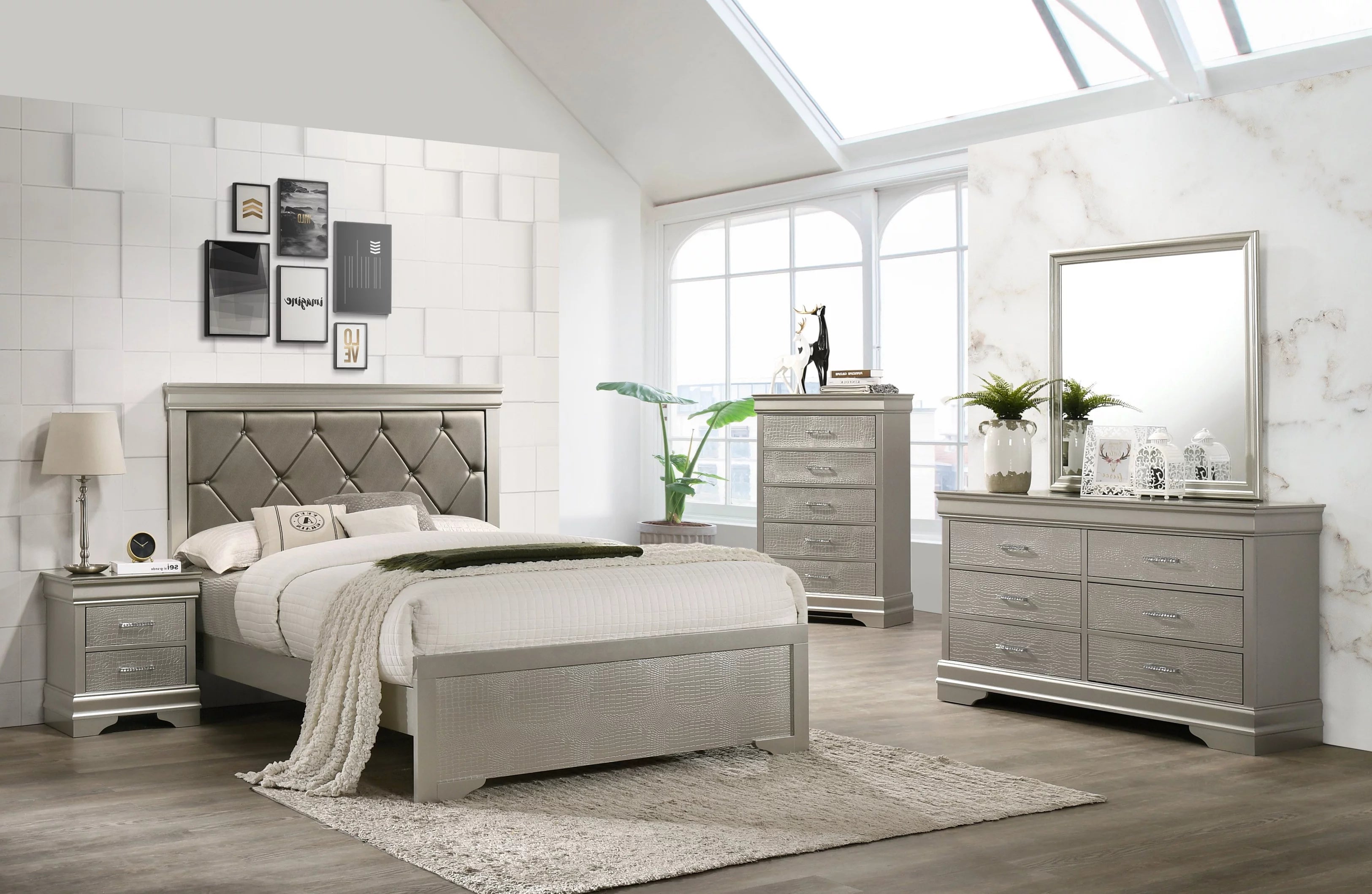 Silver Finish King Size Panel Upholstered Bed Dresser Mirror Nightstand Chest Set O4599