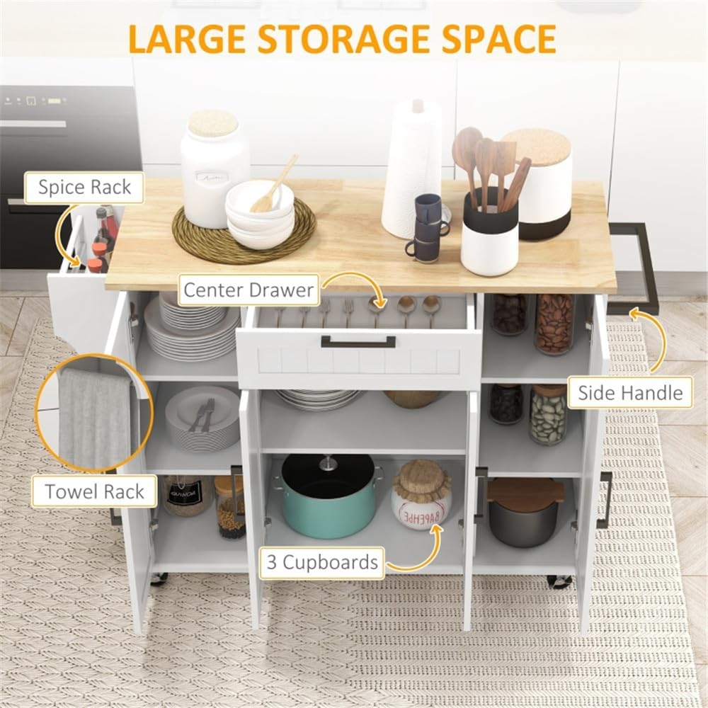 White Rolling Kitchen Island with Solid Wood Drop Leaf L252975