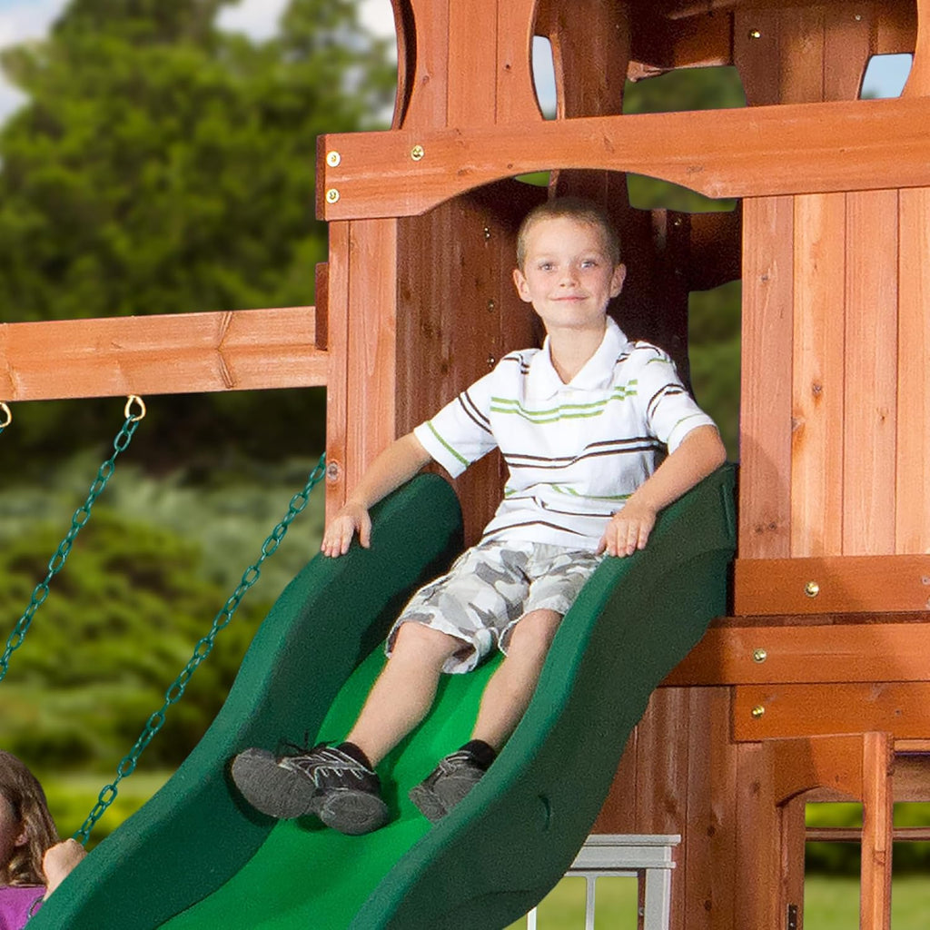 All Cedar Wooden Swing Set with 2 Belt Swings, Trapeze Bar, 10 ft Wave Slide, Playhouse, Play Kitchen, Rock Wall, Bench K605