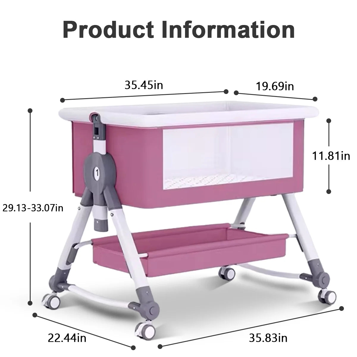 Pink 4 in 1 Infant Bedside Crib with Storage Basket I436
