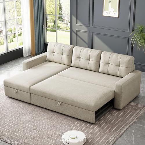 Beige L-Shape Sleeper Sectional Sofa with Pull-Out Bed D625469